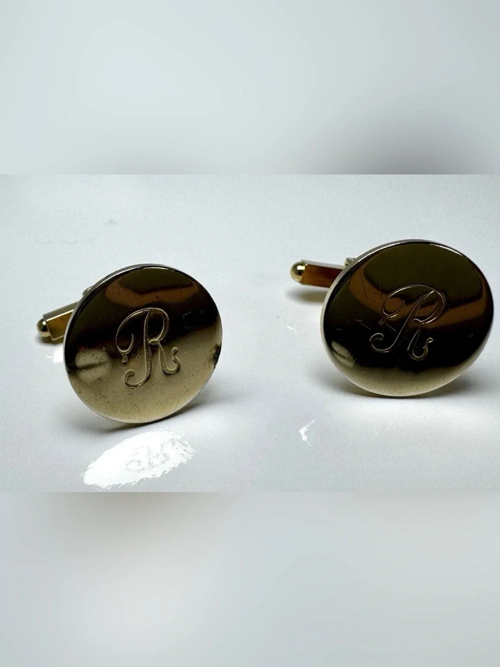 Gold Tone Engraved 'R' Round Men's Cufflinks Bullet Back Custom #1542
